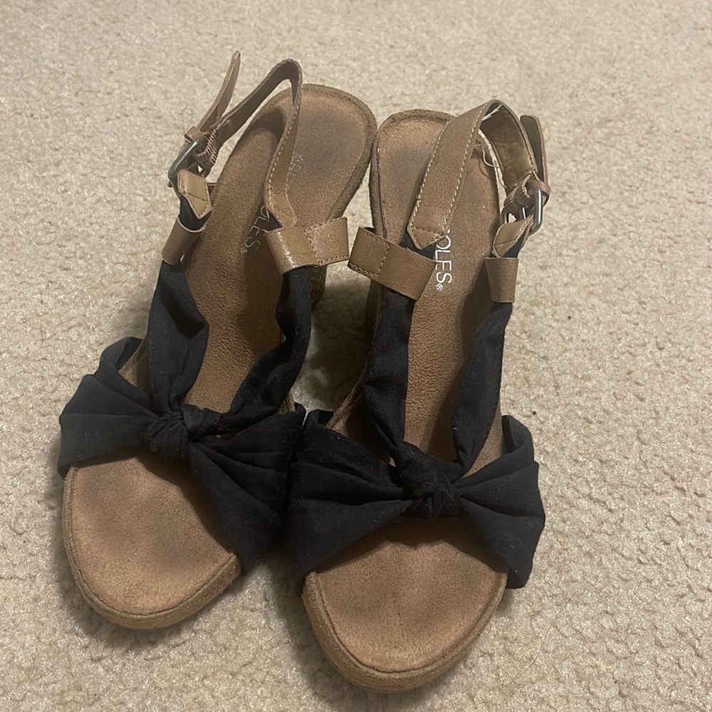 Ladies navy blue and tan wedges